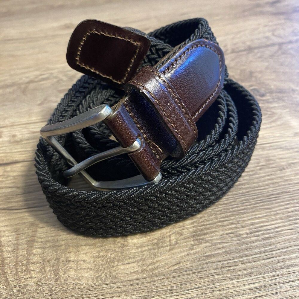 Lands End Black Braided Belt Leather M Silver Buckle 32-34 Unisex